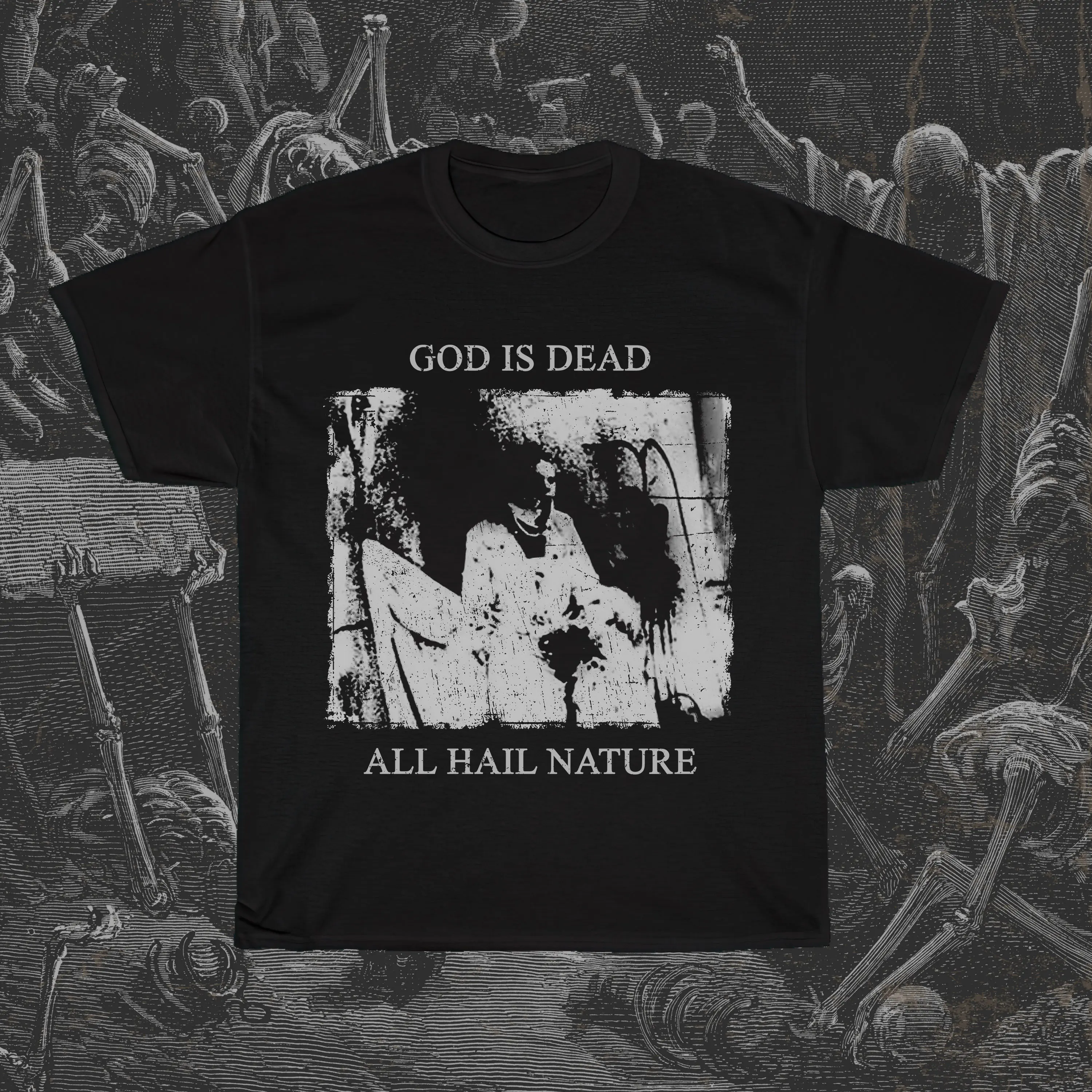 

Begotten T Shirt God is Dead Nihilism Misanthrophy Horror Movie Hail Nature Cult Film