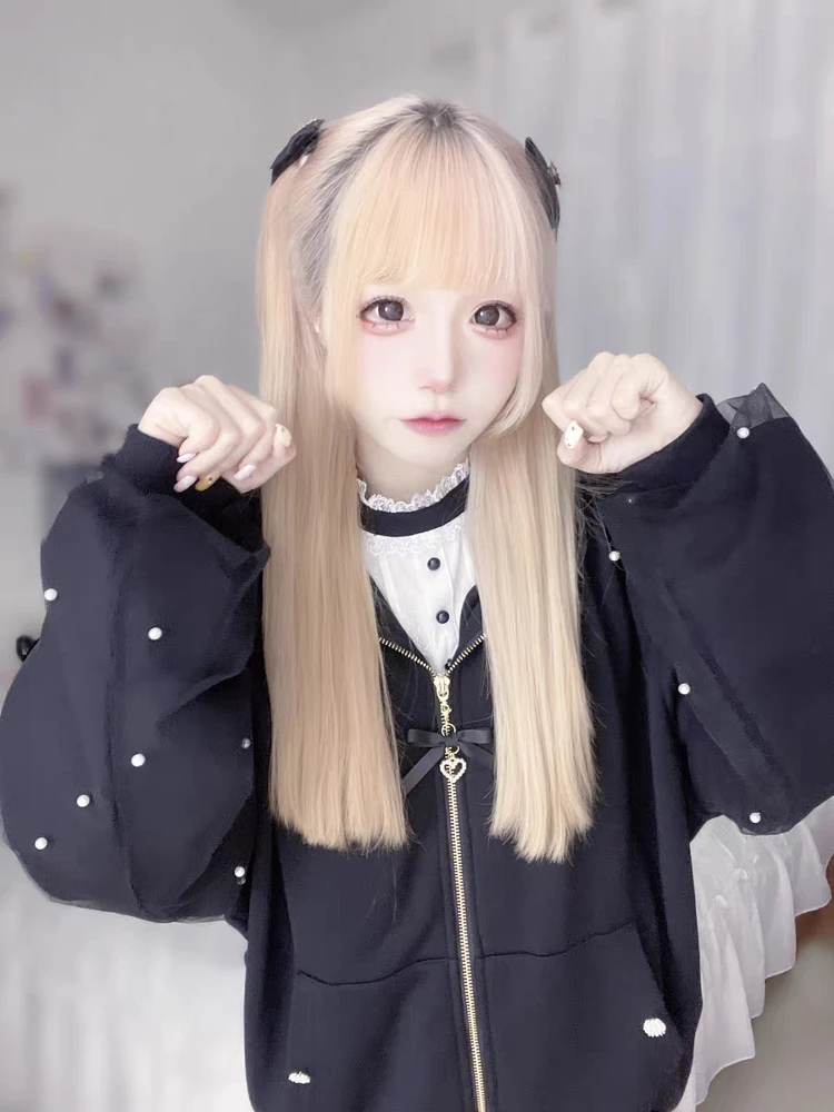 Subkultur Frühling Herbst junges Mädchen Hoodie Mantel japanische Reißverschluss Strickjacken Top süße Riemen Hasenohren Perlen Schleife Kapuze Frau Jacke