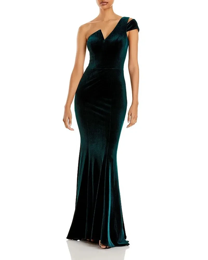 Green Velvet Evening Dresses Mermaid One Shoulder Pleated Watteau Train Formal Occasion Gowns Women's Elegant Long