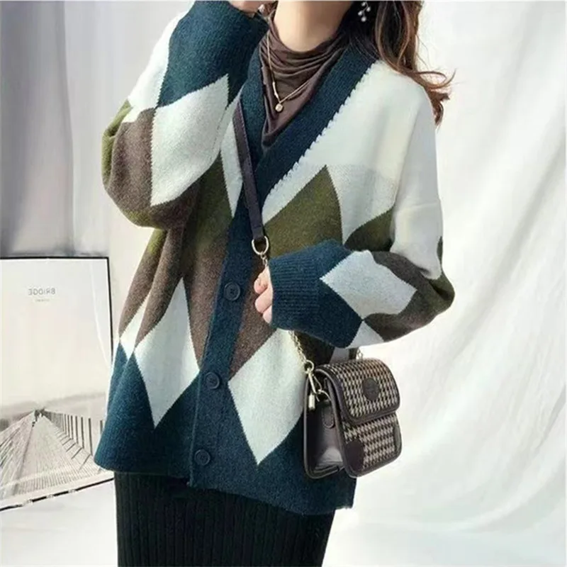 Autumn Knitted Cardigan Women Japanese Loose Oversized Plaid Top Coat Jacket V-neck Single-breasted Sweater Mujer Coat Women