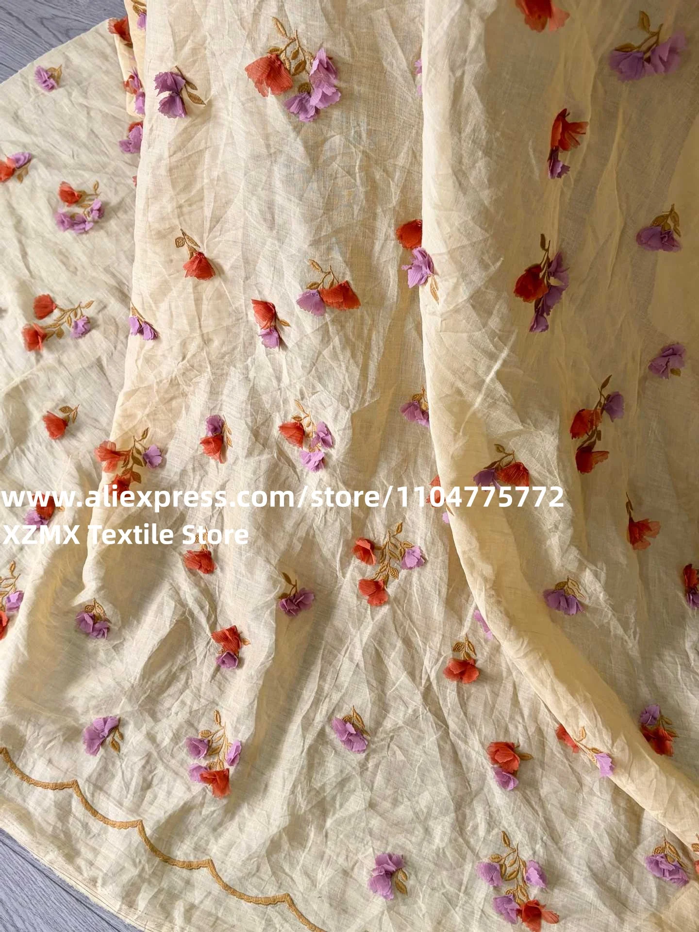 100% Ramie Fabric Handmade 3D Flower Applique Embroidery Cloth Scalloped Edge for Dress Blouse DIY Sewing