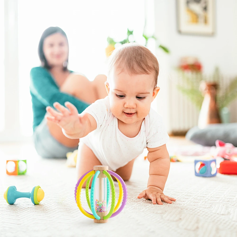 Hochet en Bois avec Tambour de Pluie en Silicone pour Bébé, Jouet Multifonction avec Toucher Sensoriel pour Nouveau-né, Nouveauté, Cadeau