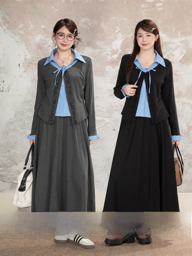 

Heynew plus Size Women's Plaid irt f Skirt Set Spring Slimming Wood ain Splicing Ensemble Korean Sle Long Sve