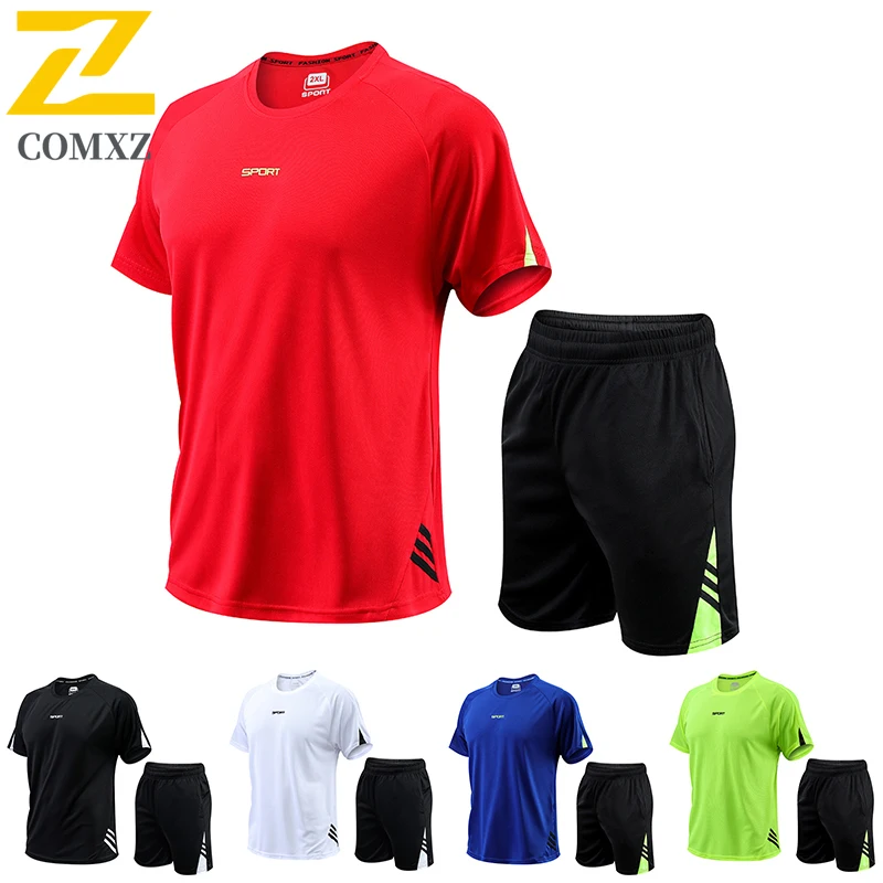 

COMXZ 2026 New Summer Mens Womens Solid Print Sports Set Quick Dry Breathable Plus Size T Shirt Shorts for Casual Wear