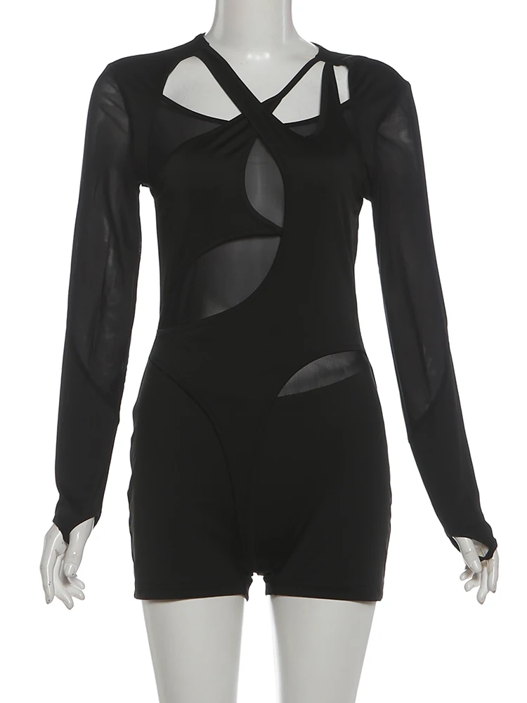 Strano Puss Hollow Cross Pagliaccetto Donna Sexy Coquette Maglia di mezzanotte Patchwork Irregolare Manica intera Stretch Skinny Club Tutina