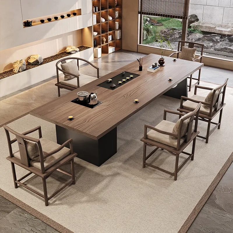 for Wabi Silent Wind Tea Table Solid Wood Tea Set One Table Five Chairs Kettle Integrated Embedded Design for Office Use