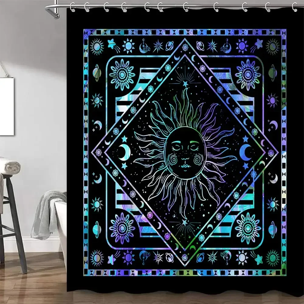 Mandala Celestial Shower Curtain Boho Moon Star Black and White Waterproof Polyester Fabric Bathroom Curtains Home Decor Hooks