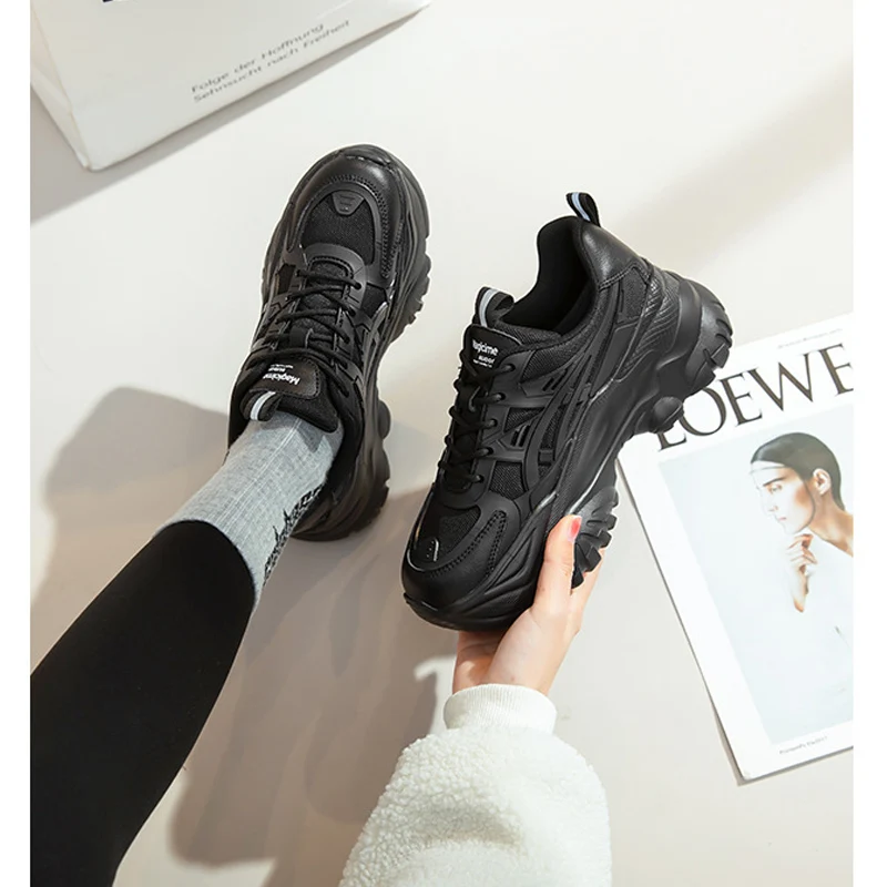 CXJYWMJL Genuine Leather Women Chunky Sneakers Autumn Winter Retro Sports Cotton Shoes Ladies Platform Warm Vulcanized Shoes