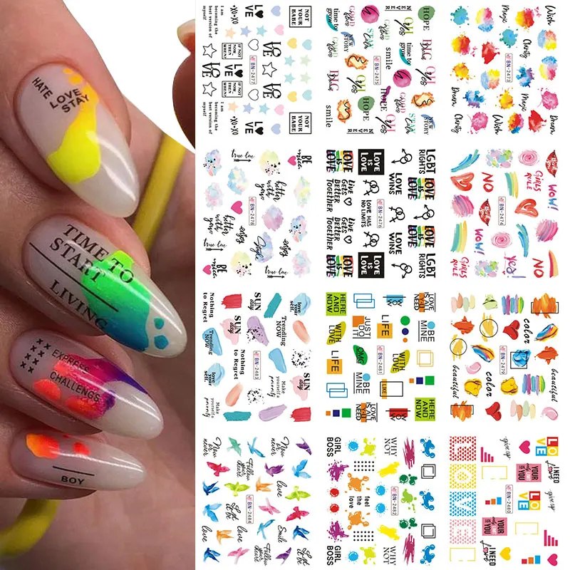 12Designs Geometry Letter Nail Water Decals Flowers Leaf Transfer Slider Stickers Floral Nail Art Sticker Manicure Decoration