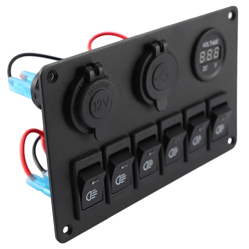 USB Charging ABS 12V 24V 6 Gang Rocker Switch Panel Dual USB Waterproof Circuit Breaker Blue LED Car Marine Boat Control Switch