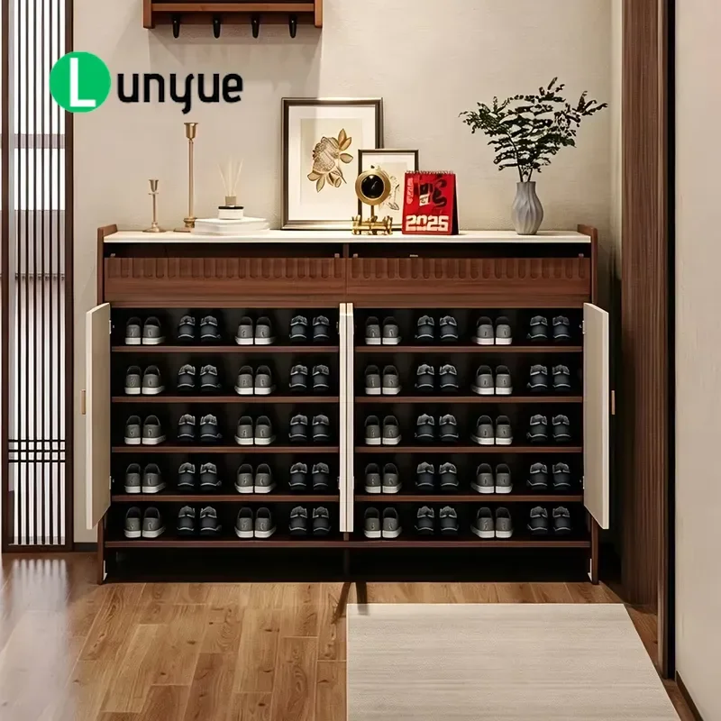4 Door Wooden Shoe Cabinet with Removable Shelves Breathable Side Holes Storage Organizer for Entryway Porch Home Furniture