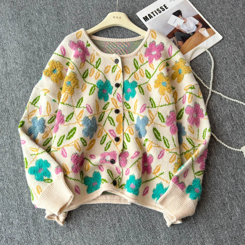 Women Jacquared Cardigan Contrast Floral Print Long Sleeve Loose Knitting Sweater Coat Female Spring Fall Thermal Tops Jackets