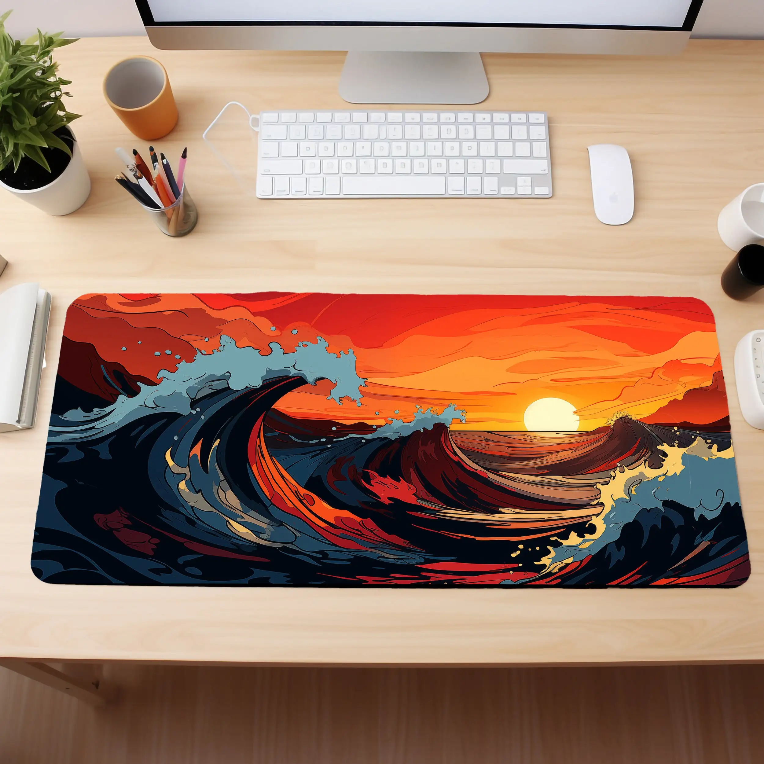 Red Ocean Waves, Sunset Sea View Art Deskmat,nautical Mouse Pad, Beach Office Decoration,beach Mouse Pad, Gaming Desk Decoration