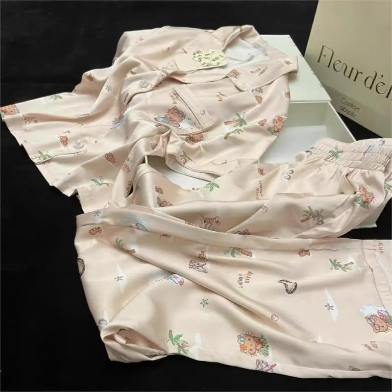 

Sanrio Hello Kitty, летняя сексуальная пижама, комплект из 2 предметов, кавайная женская одежда для сна с героями мультфильмов, брюки с короткими рукавами, шелковая ночная рубашка, домашний костюм