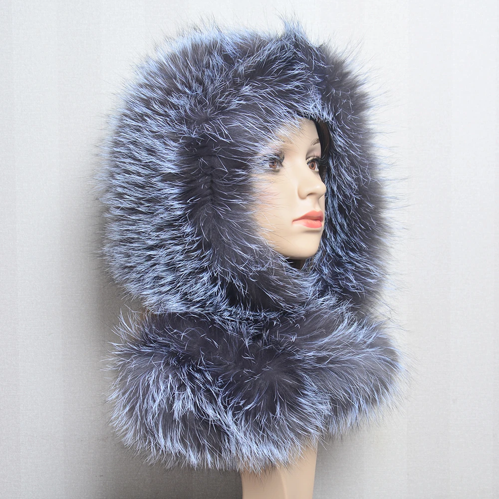 Hot Sale Fox Fur Hood Volume Hats For Women Winter Warm Novelty Knitted Fur Scarf Hat Fashionable Genuine Large Female Fur Hat