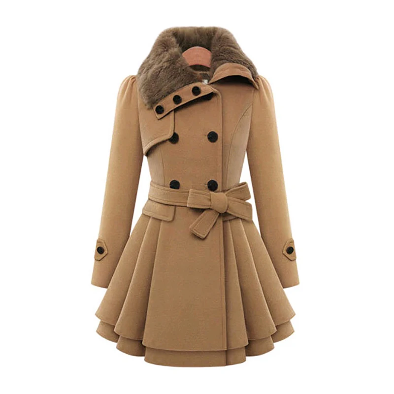 Fashion Padded Cotton Women Jacket Korean Solid Color Double Breasted Cashmere Coat England Style Lace-Up Pleated Ruffle Trench