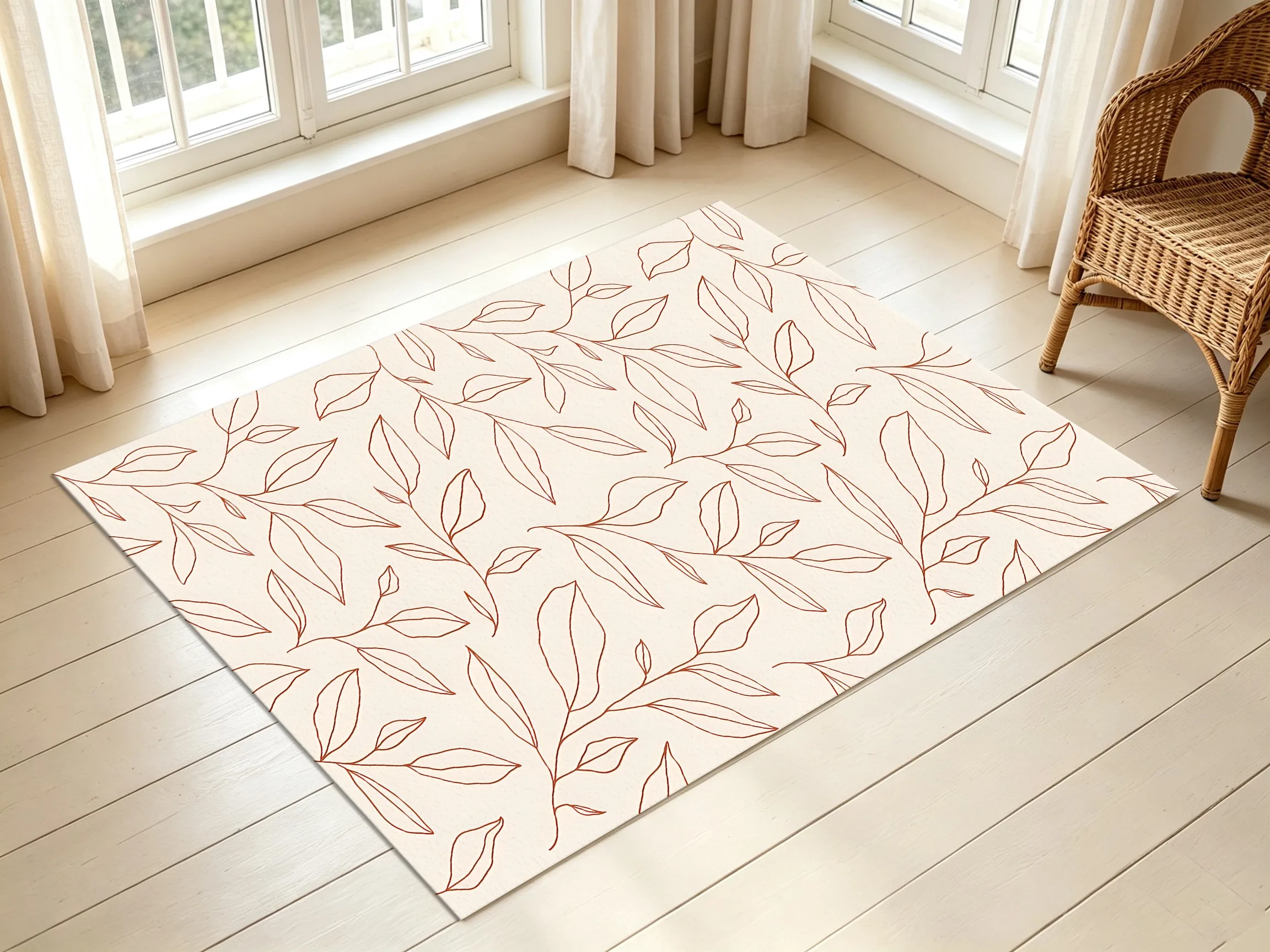 2D Large Rug, Simple Branch & Leaf Line Drawing, Refreshing Soothing Style, Living Room & Bedroom 3