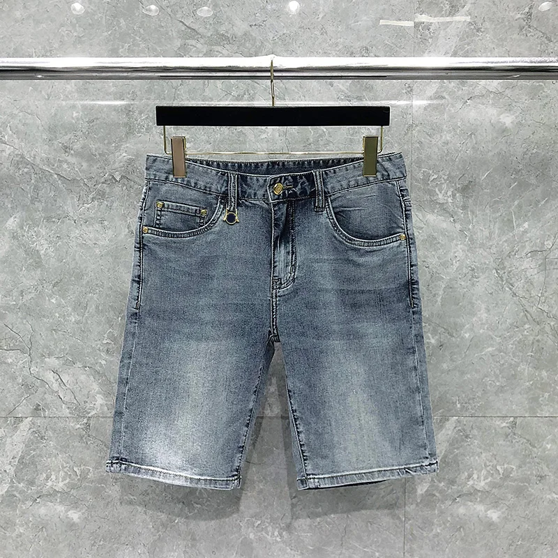 

Summer Shorts Pants H Luxury Brand Washed Classic Grey Mid-Waist Male Jeans Fashion Casual Baggy Straight Stripe Denims