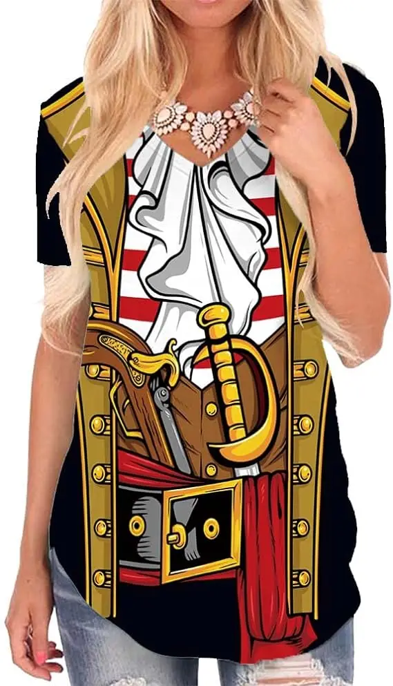 Pirate Shirt Costume Women V Neck Funny 3D Printing Captain Novelty Clothing Halloween Cosplay Captain Role Playing Gothic Tops