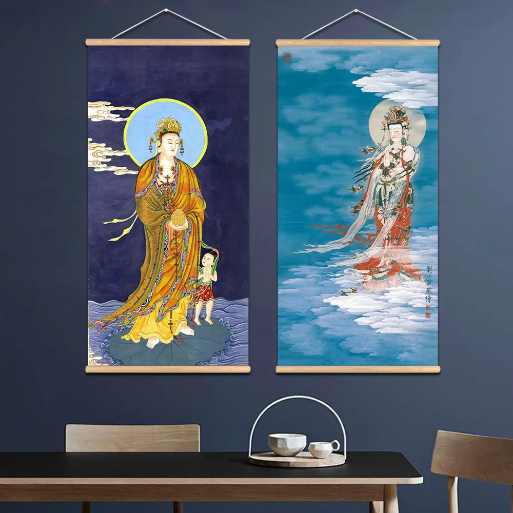 Avalokitesvara Bodhisattva Scroll Painting With Wooden Hanger  Thangka Buddhism Religious Wall Art Scroll Canvas Poster Picture