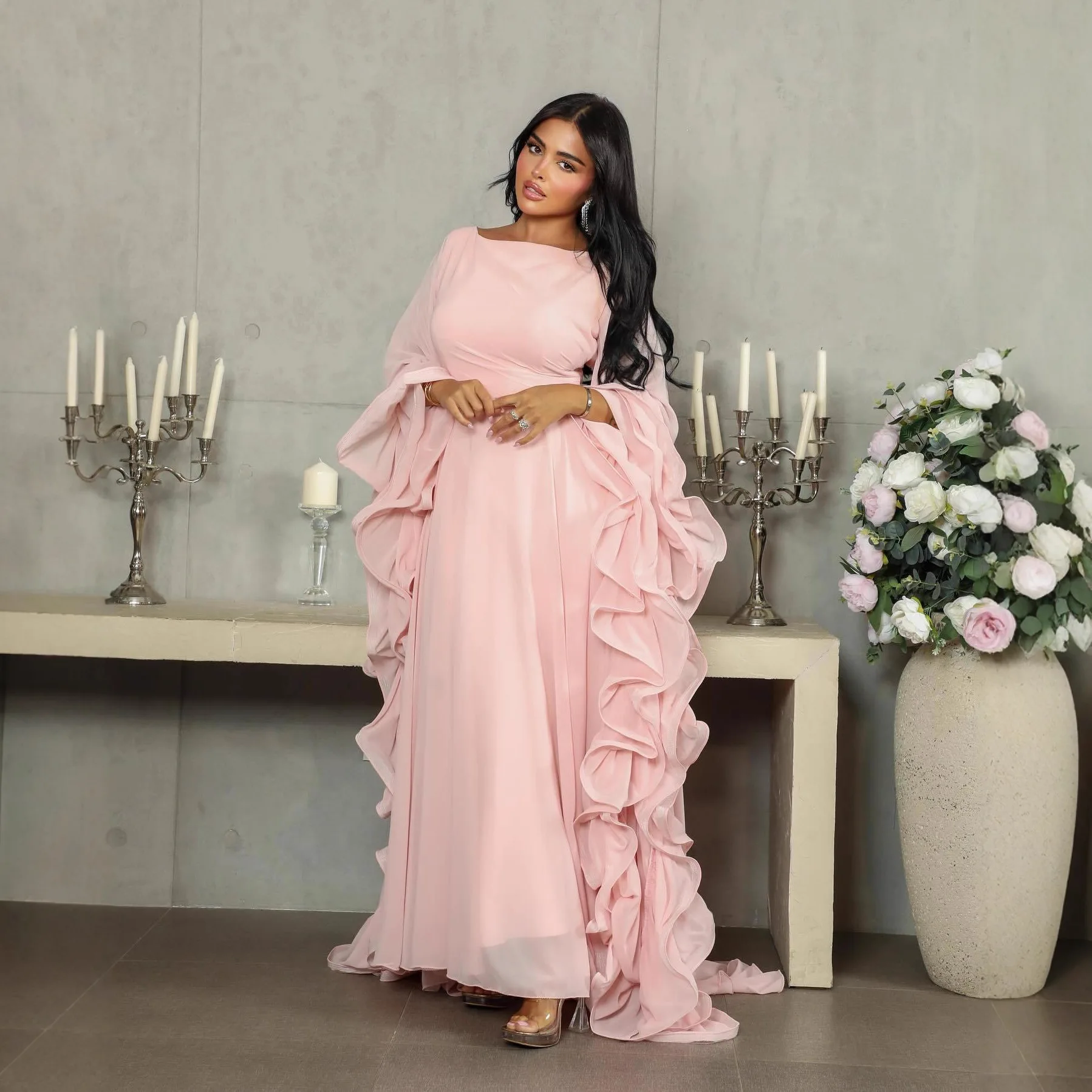 Women's Fashionable Elegant Backless Petal Sleeve Floor-Length Evening Gown 2026 Summer Europ-American Style Gown Tulle Dress