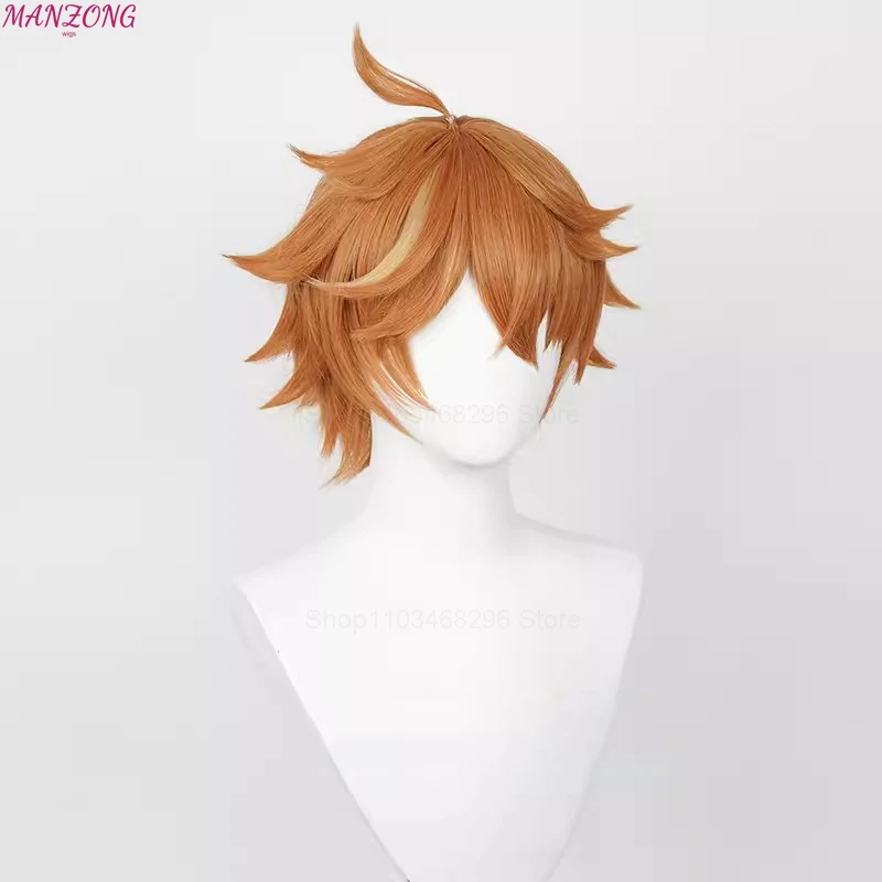 Wig Cosplay Tartaglia, Wig sintetis tahan panas rambut pendek oranye coklat 30cm, pesta Halloween