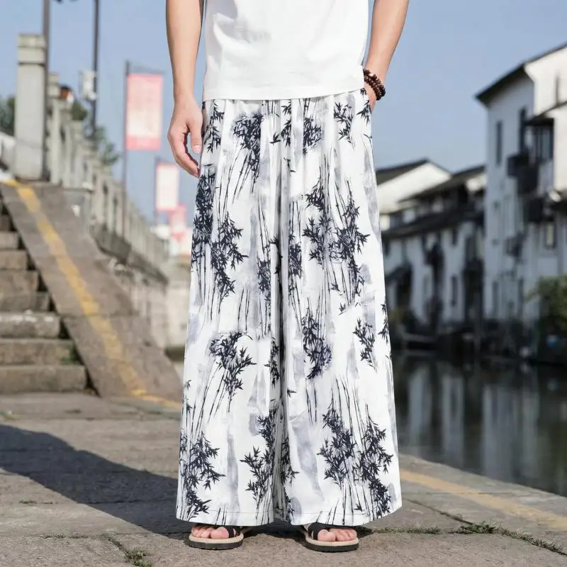 Men's New Chinese Style Ink Wash Bamboo Print Wide Leg Pants Summer Loose Fit Draped Fabric Casual Kimono Trousers for Men view 2