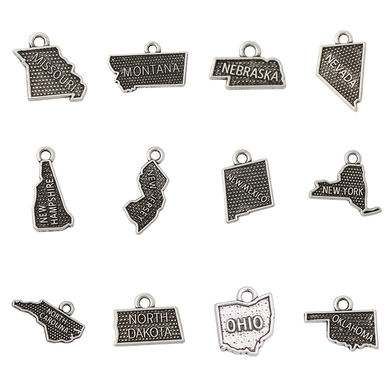 10pcs Alloy Montana Texas New Mexico Pennsylvania Wyoming Washington Tennessee US State Map Charms