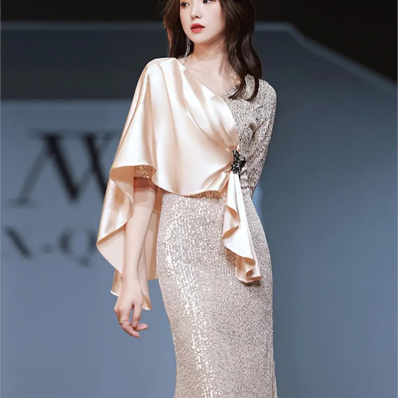 

New banquet light luxury niche atmosphere host fishtail sequin dress