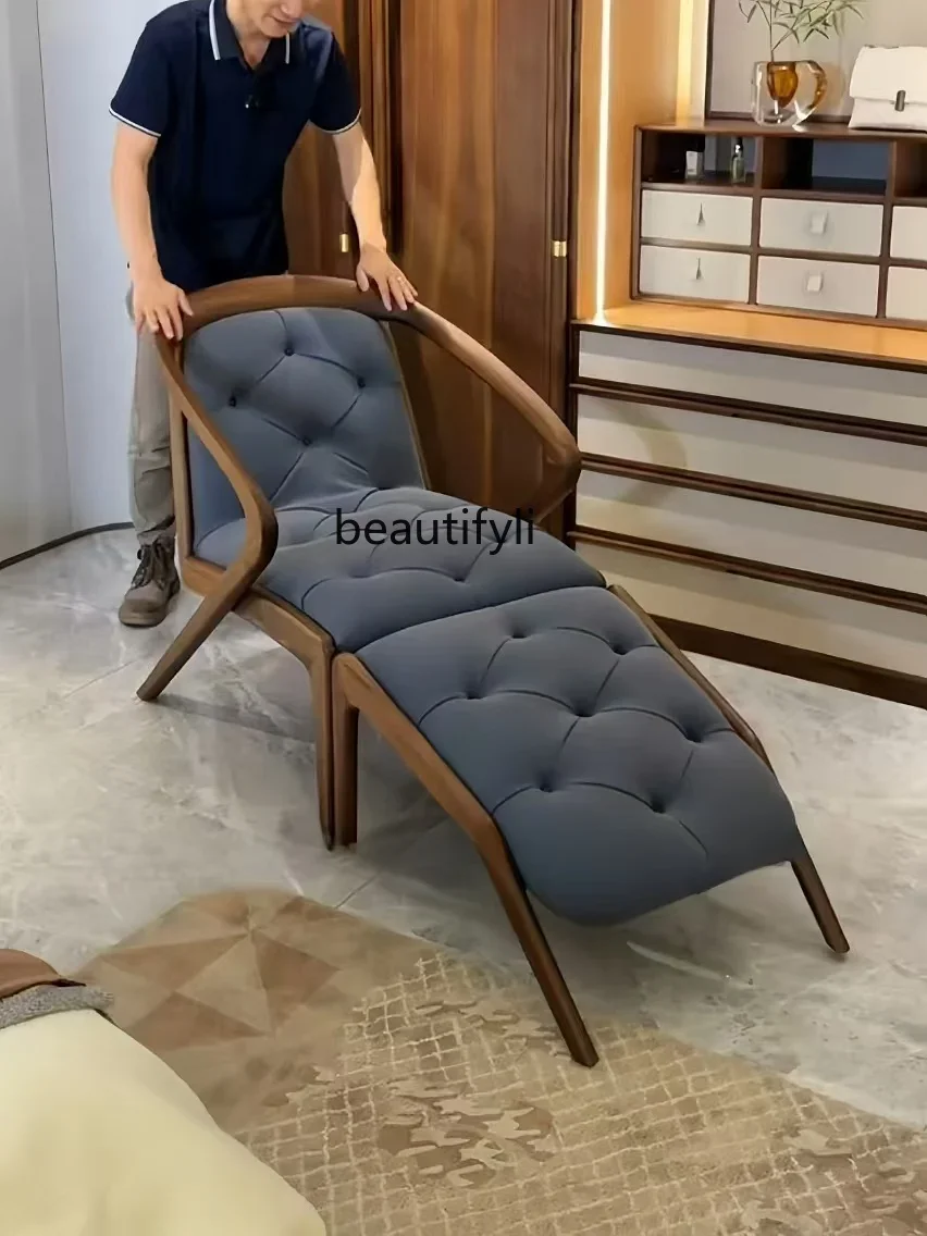 

Sofa chair modern simple living room solid wood leather reclining sofa chair stool combination