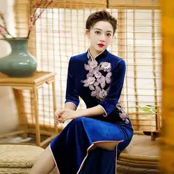 2026 chinese improved qipao national flower embroidery velvet cheongsam formal qipao oriental vintage evening dress vestido