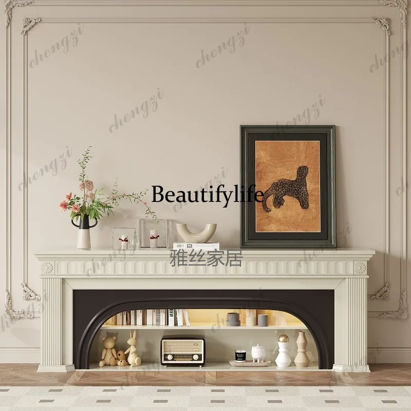French cream style fireplace decorative cabinet living room light luxury background wall retro simulation fire TV cabinet solid