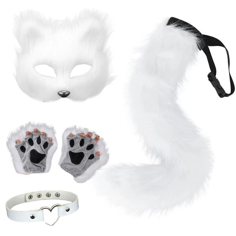 Faux Fur Fox Tail Cat Wolf Cosplay Costume Set Plush Mask  Halloween Christmas Party for Women