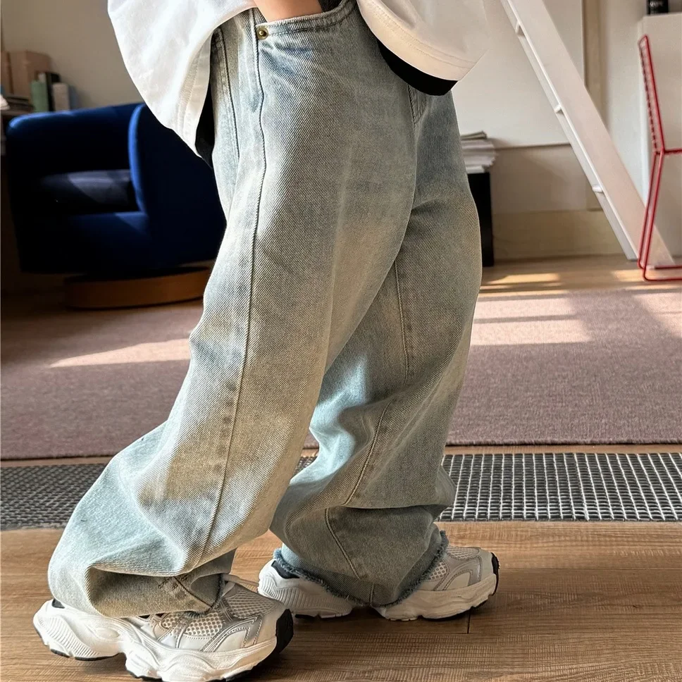 

Korean Style Full Length Loose Fashionable Jeans Children Clothes 2025 Spring Summer Denim Pants Retro Chic Boys and Girls