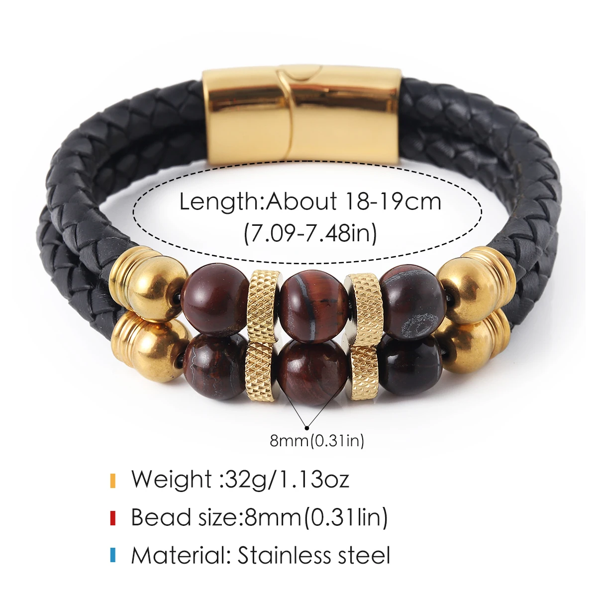 Men's Multilayer Braided Leather Bracelet with Red Tiger Eye Gold Beads Strength & Confidence Accessory Gift for Husband