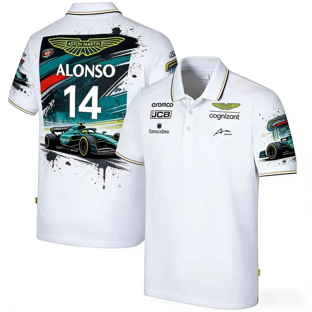Aston Martin Team Polo Camisa Corrida Impressão 3D Lance Stroll 18 Aramco Jersey 2026 Fernando Alonso 14 Aston Martin Team Fans Tee
