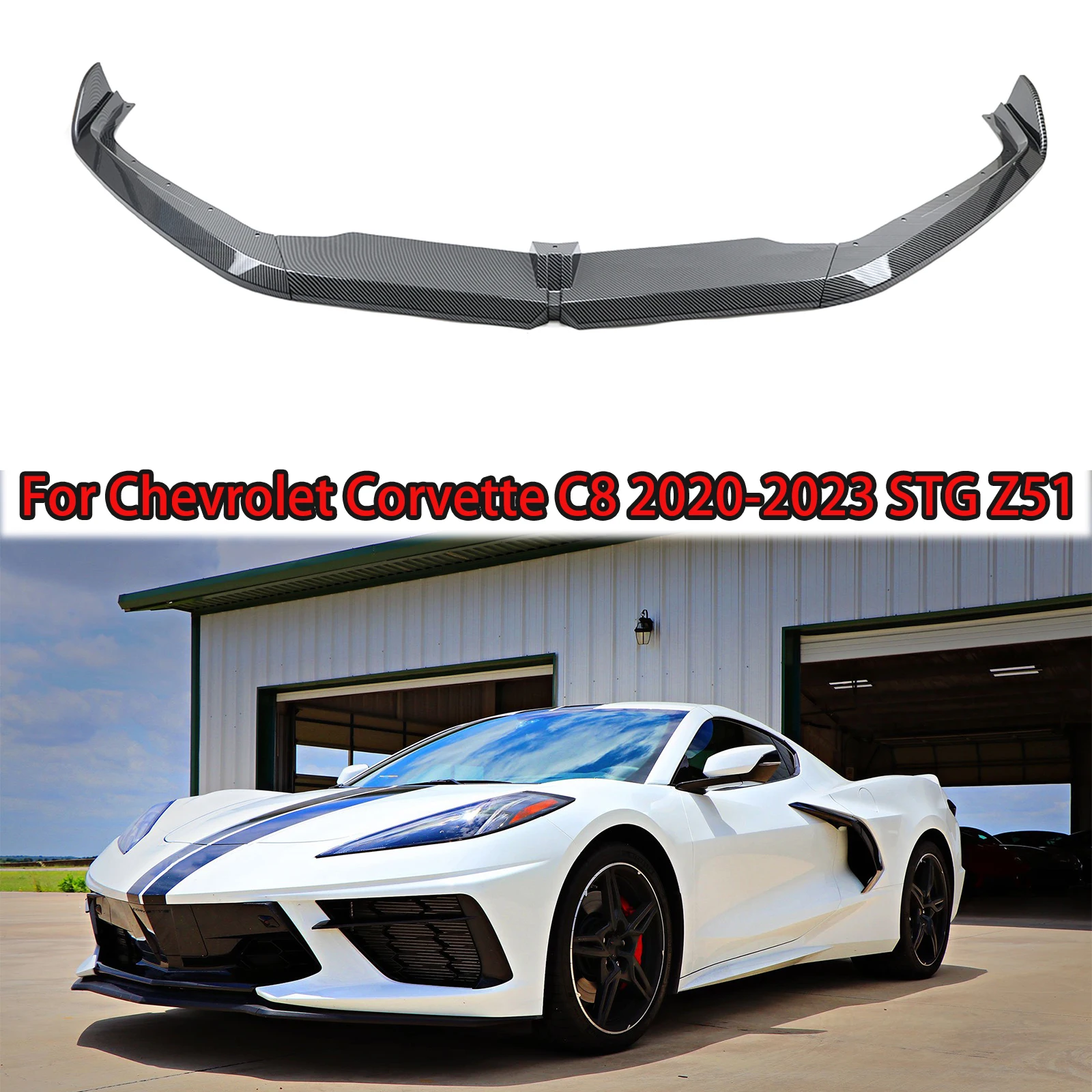 

For 2020-2023 Chevrolet Corvette C8 A Set Car Front Bumper Lip Diffuser Splitter Spoiler Carbon Fiber Style Glossy Black