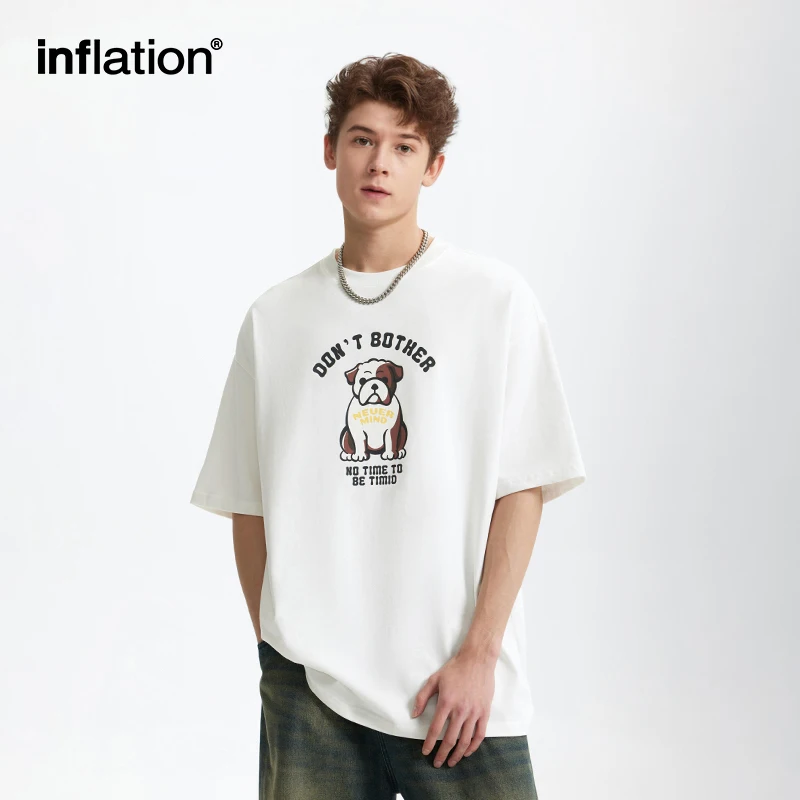 INFLATION French Bulldog Fun Print T-Shirt for Men American Vintage 100% Cotton Tee Heavyweight Casual Short Sleeve