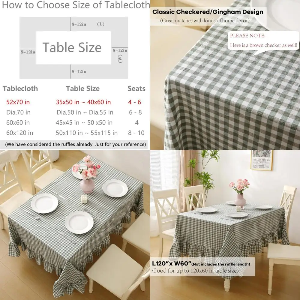 

Vintage 120x60 Sage Green Plaid Ruffled Cotton Tablecloth for 8-10 Seater Rectangular Table