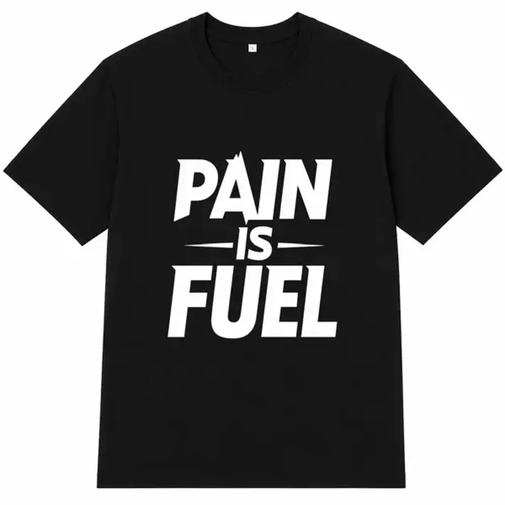 Pain Is Fuel Letter Print T-shirt, Motivational Fitness Black Shirt for Men, Women, Unisex, Harajuku Streetwear Oversized Graphic Tee Top, Casual Sweet Wear Outfit, Workout Gym Short Sleeve Shirt Gift