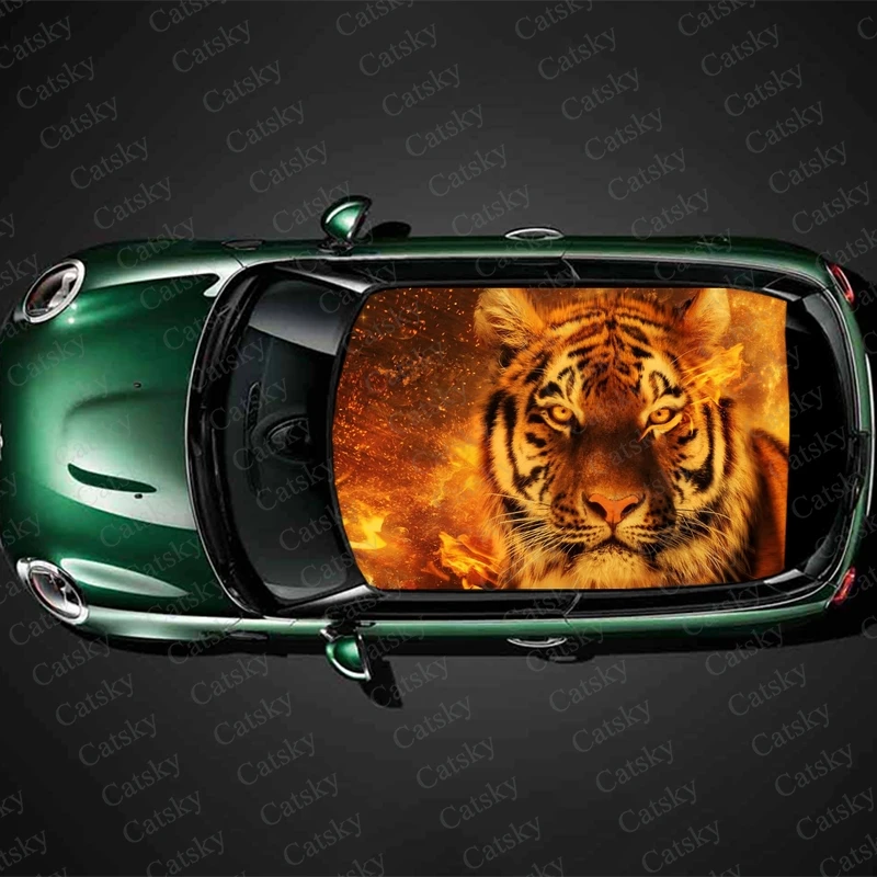 

Fire Tiger Animal Car Roof Sticker Wrap Racing SUV Auto Accessories Packaging Painted PVC Car Hood Graphic Decal Decoration