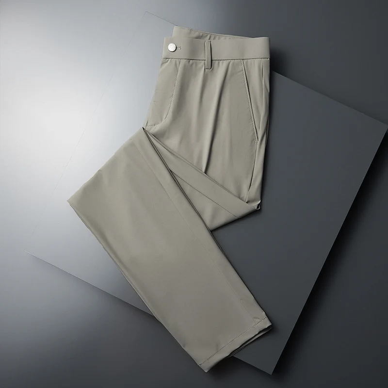 

Мужские летние повседневные брюки из ледяного шелка прямого кроя, свободные, модные, городские, элегантные, с эластичным поясом, классические