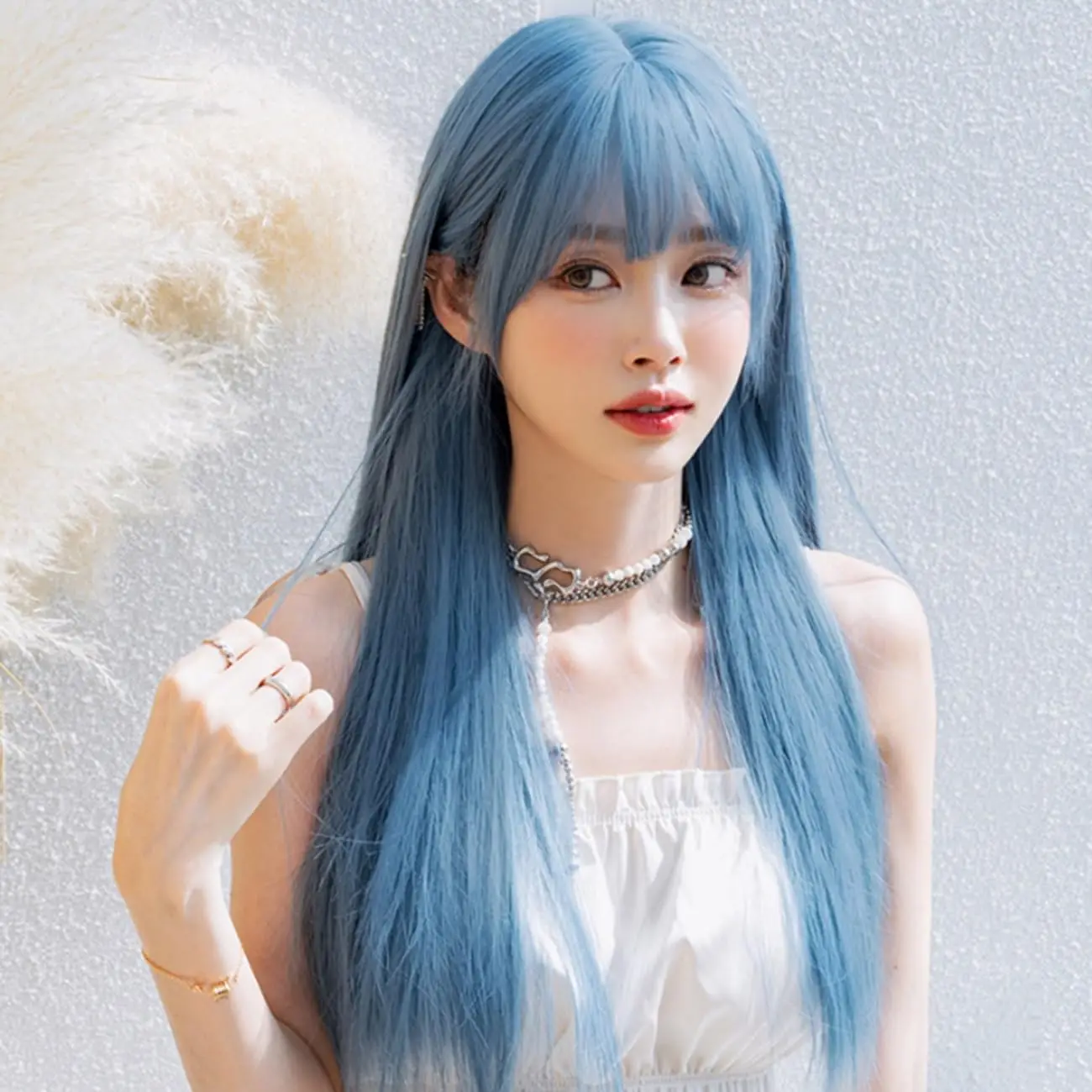 Blue Synthetic Wig Long Straight Hair For Women Natural Heat Resistant Fiber Party Cosplay Daily Premium Full Head Cover