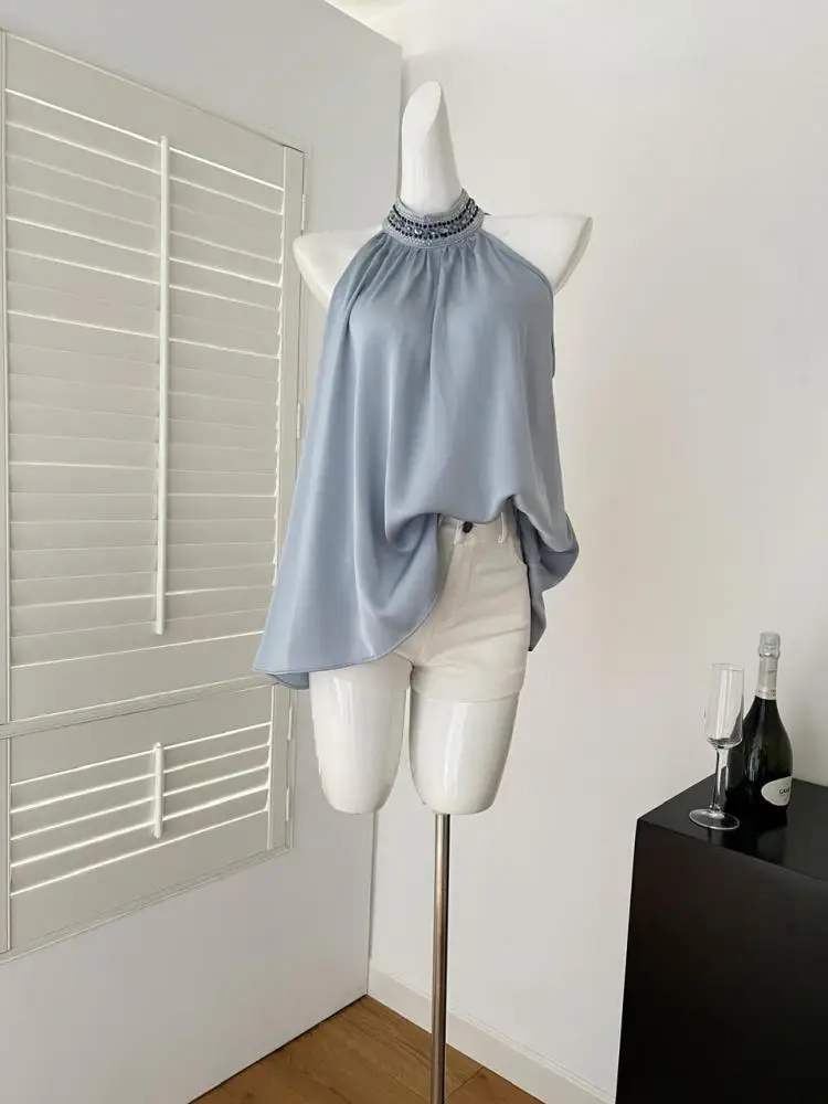 

Summer Korean Blue Diamond Sleeveless Holiday Versatile Halter Vest Tops Women Sexy Club Off Shoulder Pleated Long Tank Clothing