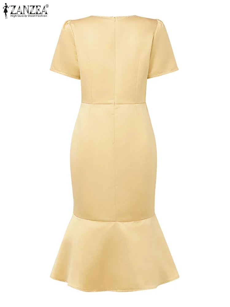 ZANZEA 우아한 Fishtail 드레스 여성 여름 스퀘어 칼라 새틴 Vestidos 2025 패션 짧은 소매 솔리드 이브닝 파티 Sundress