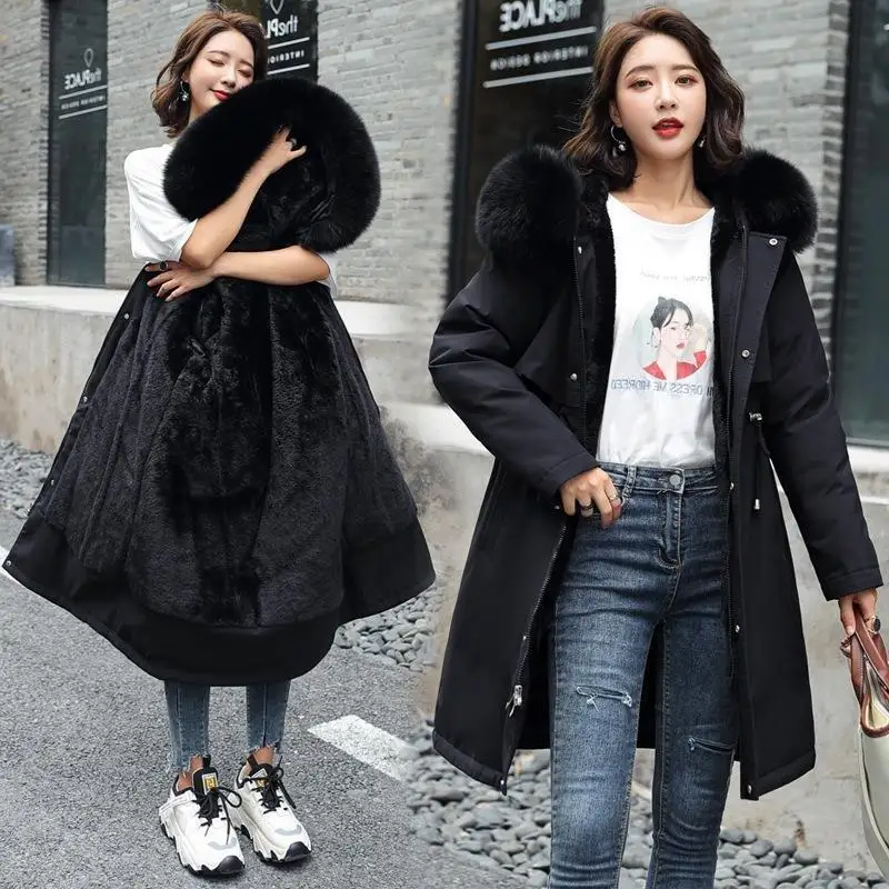Nuova versione coreana Parka di media lunghezza del cappotto in cotone di pelliccia di agnello per donna