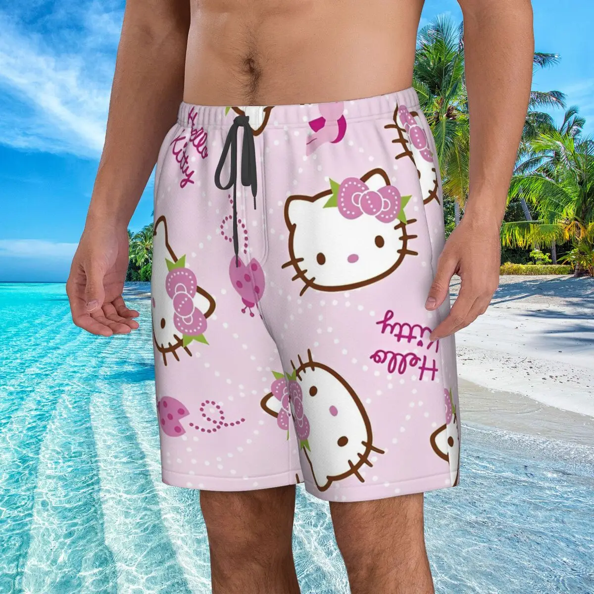 Hello Kitty Men's Swim Trunks Quick Dry Cartoon Swimming Board Shorts Mesh Lining Beach Swimwear