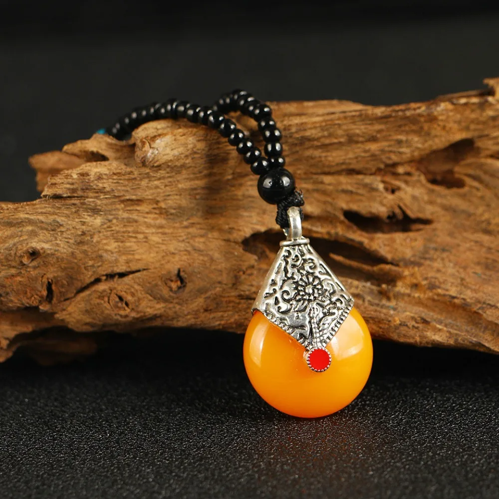 Ethnic Style Imitation Amber Teardrop Pendant Necklace, Adjustable Beaded Sweater Chain, Versatile Long Necklace, 2 Pieces