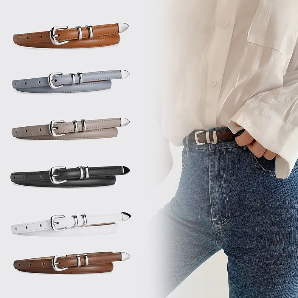 Cinturón de cuero PU Simple para mujer, hebilla de Pin plateada versátil, decoración de lujo, pantalones vaqueros finos para estudiantes, 1 ud.