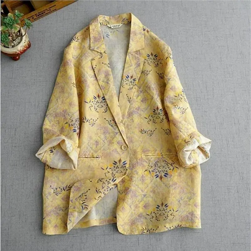 Cotton Linen Blazers for Women Vintage Long Sleeve Casual Korean Style Outerwears Mid Length Tailored Collar Coats Women Tops